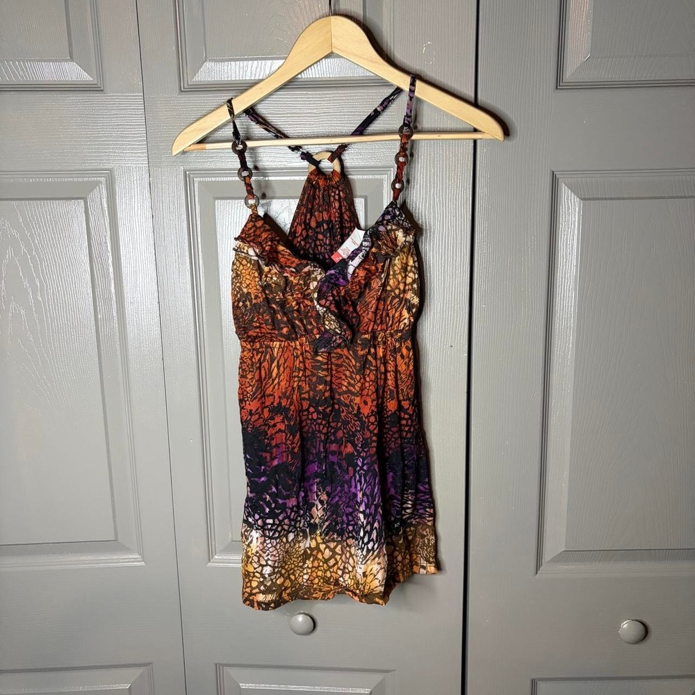 No Boundaries Y2K Tie Dye Halter Top Orange Purple Snakeskin Ruffle Size M 7-9